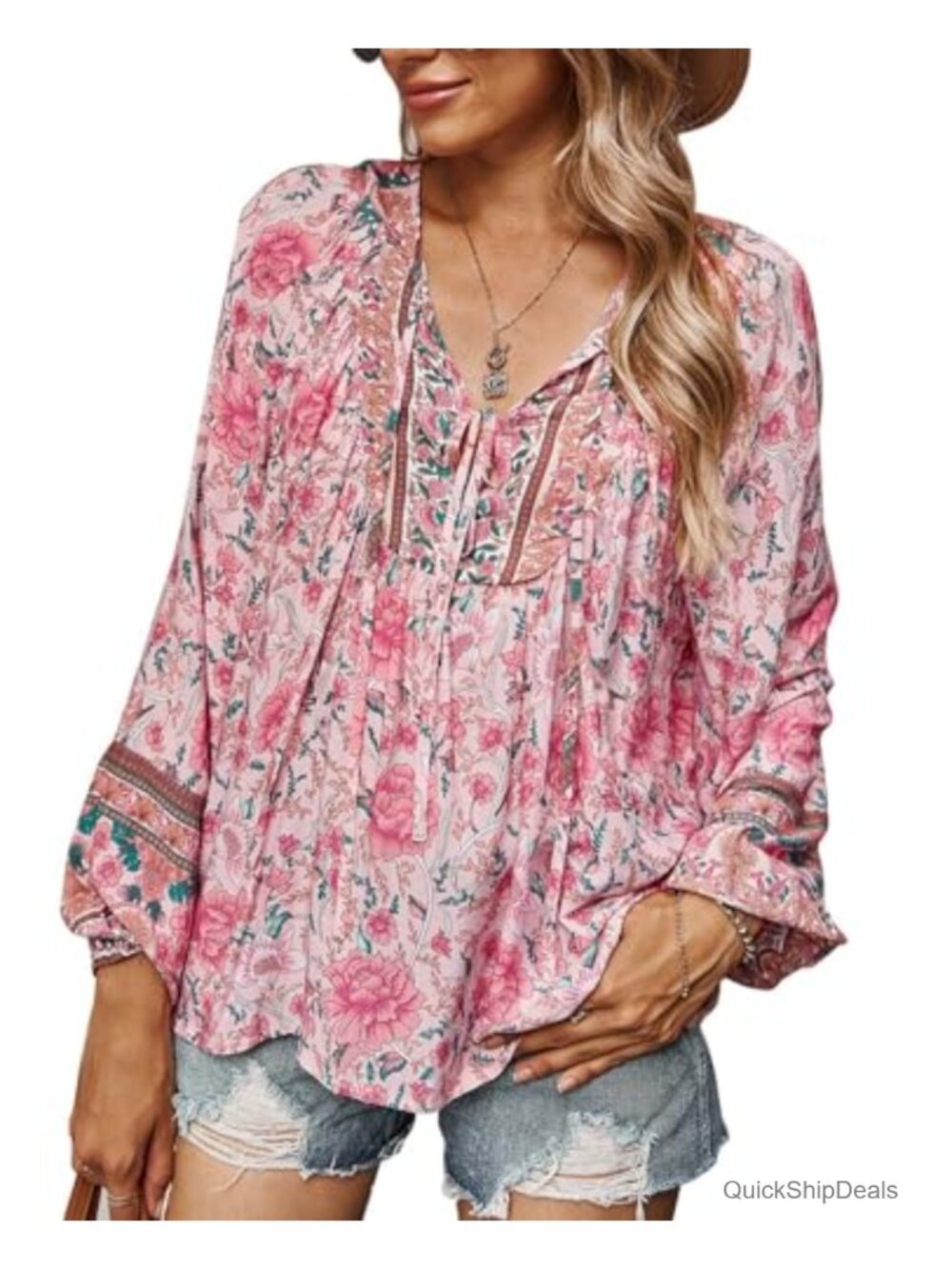 Womens Rayon Boho Peasant Top Floral V Neck Long Sleeve Blouse